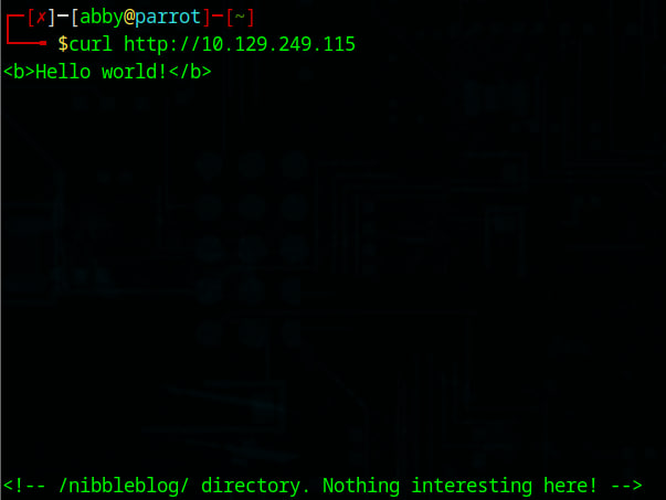 HTML comment reveals /nibbleblog directory
